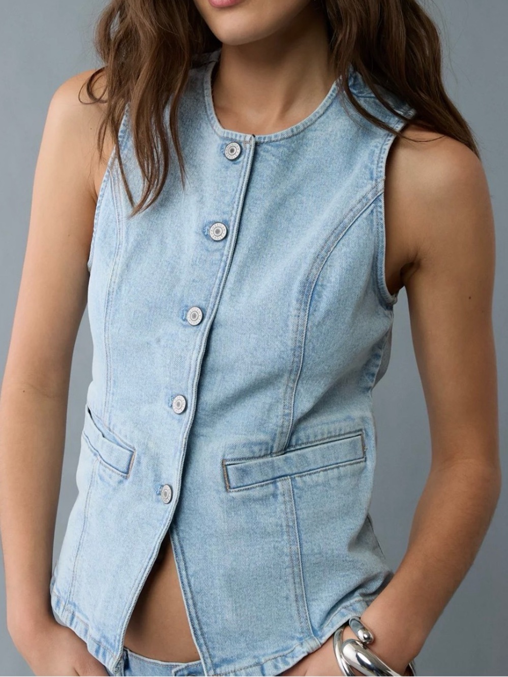 AE Crew Neck Button-Up Denim Vest | Size S
